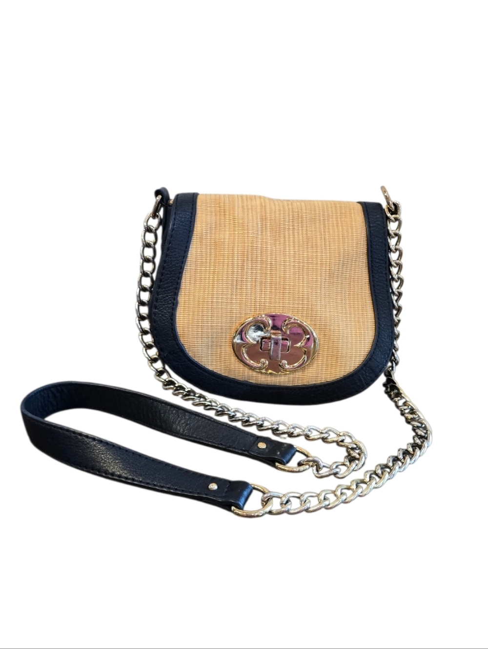 Emma Fox Port Flap Saddle Style Black Leather Tan Straw Crossbody Handbag